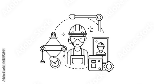 Minimalist line art concept of a construction engineer using remote technology and industrial automation.