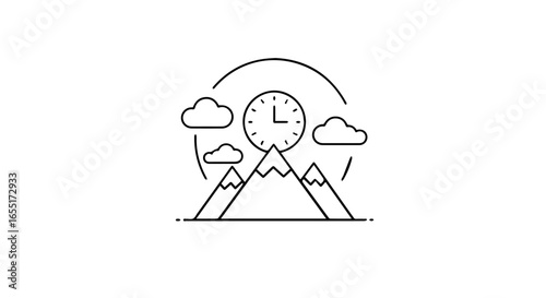 Minimalist line art icon of a clock over a mountain range with clouds representing time in nature.