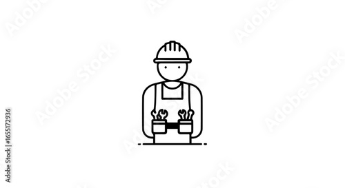 Minimalist line art icon of a construction worker wearing a hard hat and a tool belt with wrenches.