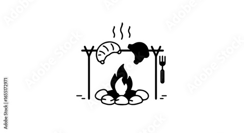 Minimalist line art icon of sausage and meat roasting on a spit over a campfire.