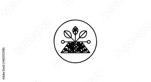 Minimalist line art icon of a plant sprouting from textured soil within a circle.