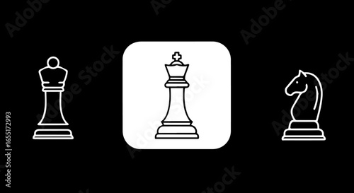 Minimalist line art icons of chess pieces a queen a king in a rounded square and a knight.