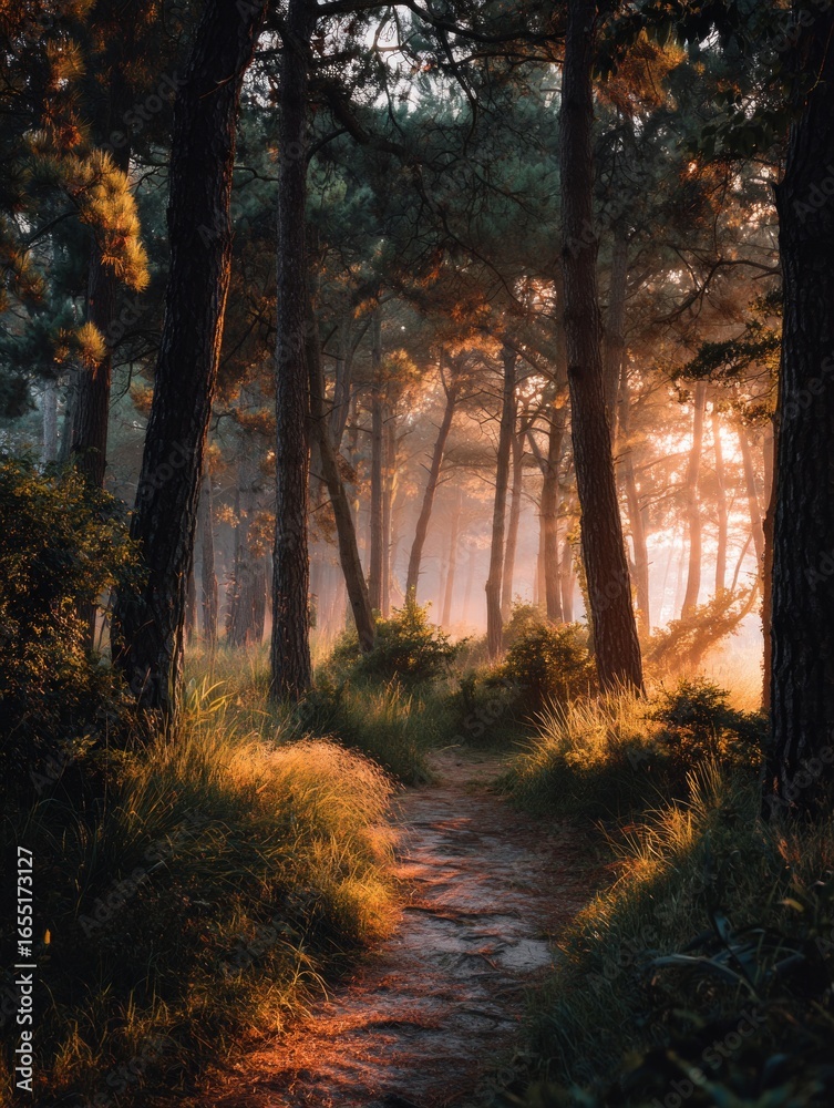 Fototapeta premium Golden sunlight illuminating misty path through pine forest at dawn