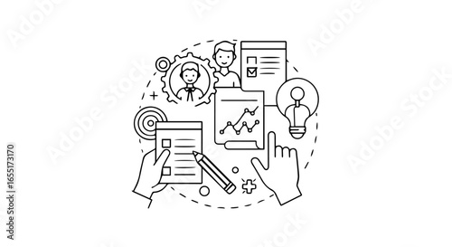 Minimalist line art illustration of business workflow planning and team collaboration icons.