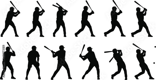 Baseball swing silhouette sequence showing player motion, batting technique, hitting stages, sports training concept, isolated on white background