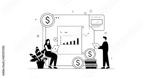 Minimalist line art illustration of colleagues analyzing financial data charts and graphs.