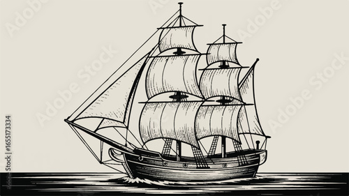 Classic Sailing Ship Engraving with Detailed Sails and Rigging Vintage Nautical Vessel Illustration Maritime Transport Artwork History of Ships Drawing