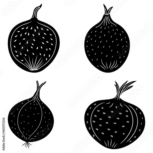 Illustration showing four stylized black and white onions with different patterns and shapes design