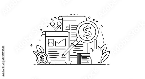 Minimalist line art illustration of financial analysis with a magnifying glass over a dollar sign charts and documents.