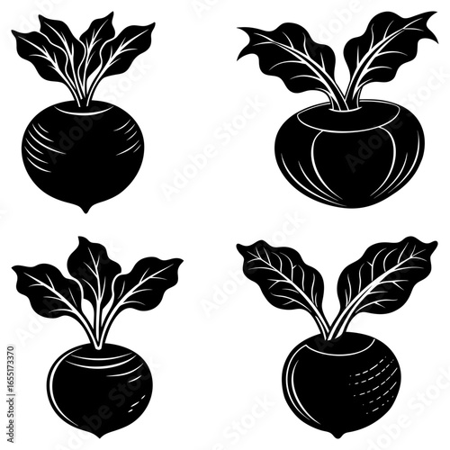 Four stylized black and white beetroots with leaves in various designs and orientations on white background