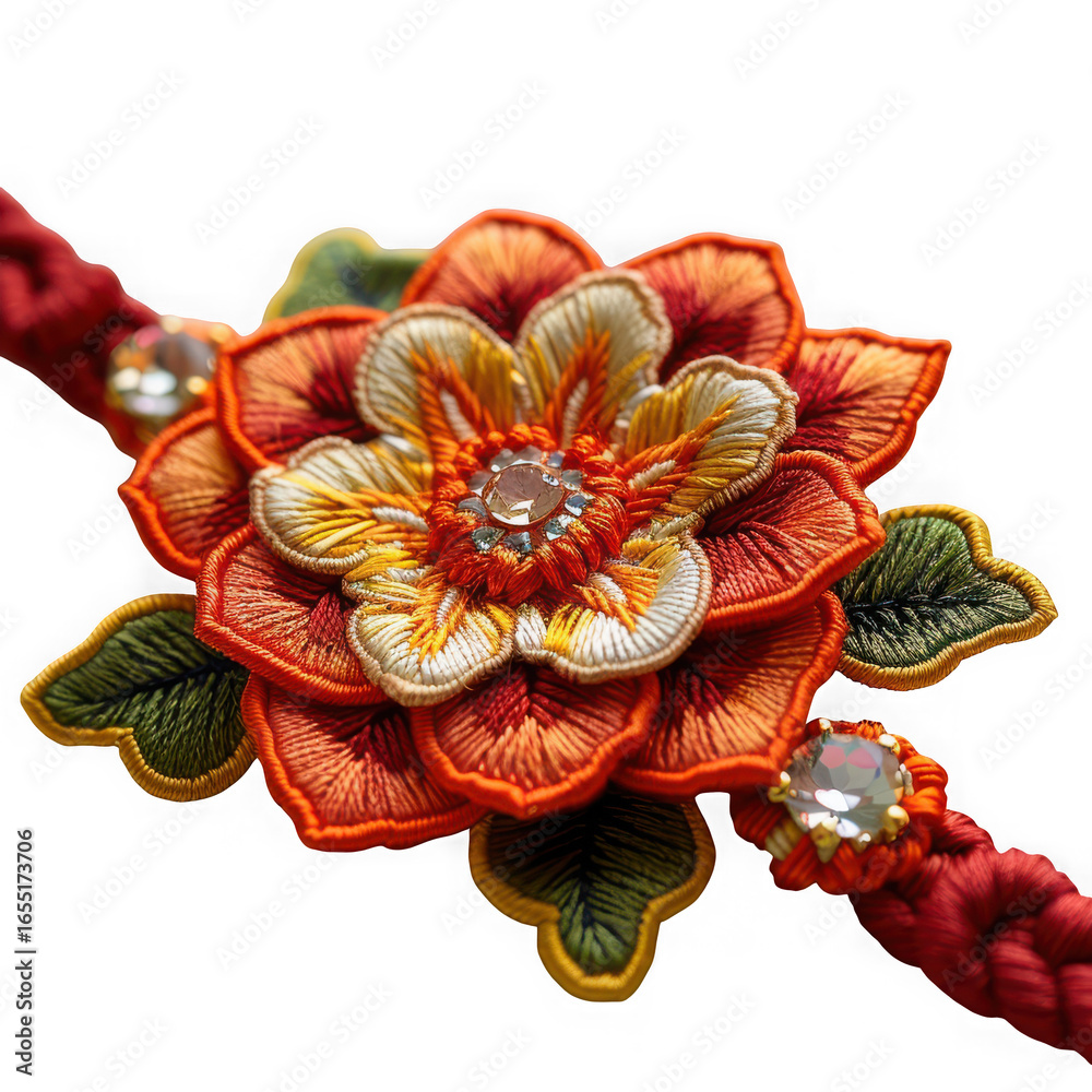 Obraz premium Vibrant orange and red embroidered flower with green leaves and crystal detail isolated on transparent background