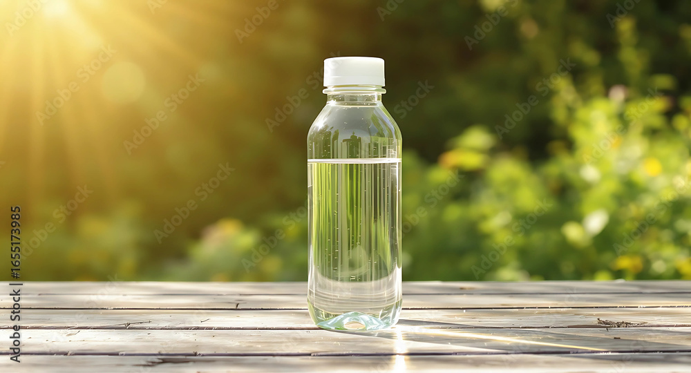 Obraz premium Eco-Friendly Glass Water Bottle on Wooden Outdoor Table with Green Background