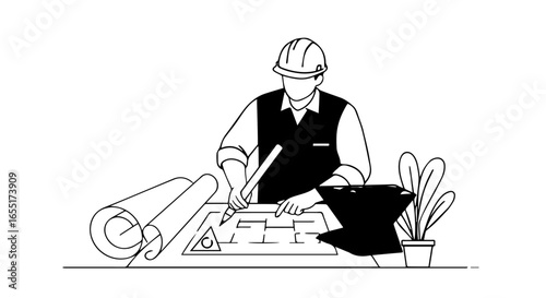 Minimalist line art of a faceless architect in a hard hat drawing a building blueprint on a desk.
