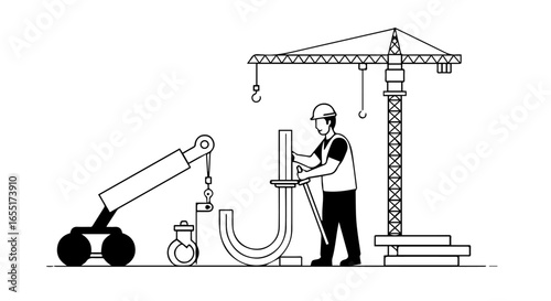 Minimalist line art of a construction worker operating machinery with a tower crane and mobile crane.