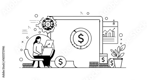 Minimalist line art of a financial technology system with a woman on a laptop gears coins and a growth chart.
