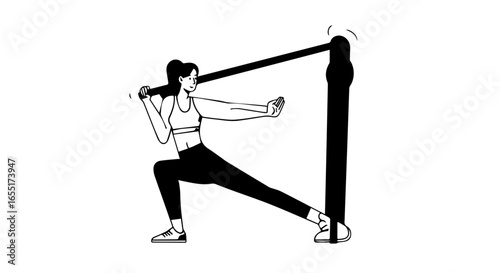 Minimalist line art of a fit woman in a lunge pose doing a resistance band exercise.