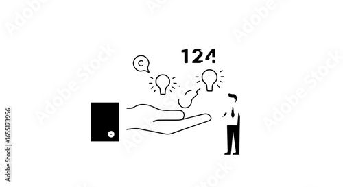 Minimalist line art of a hand offering copyrighted lightbulb ideas to a businessman symbolizing innovation and intellectual property.