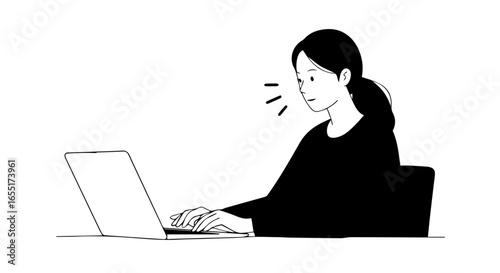 Minimalist line art of a focused woman with a ponytail in a black shirt typing on a laptop.