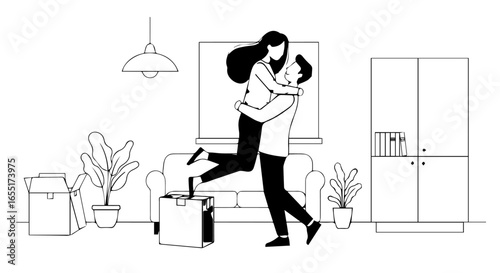 Minimalist line art of a joyful couple hugging a man lifting a woman in a loving and celebratory embrace.