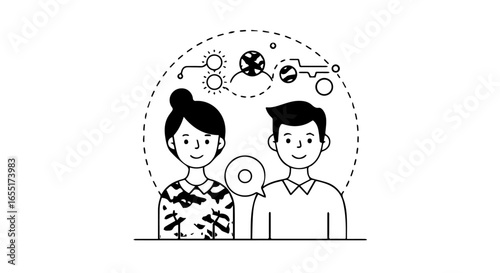 Minimalist line art of a smiling man and woman sharing a cloud of abstract ideas and technological symbols.