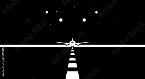 Minimalist white airplane silhouette on a runway under a starry night sky front view.