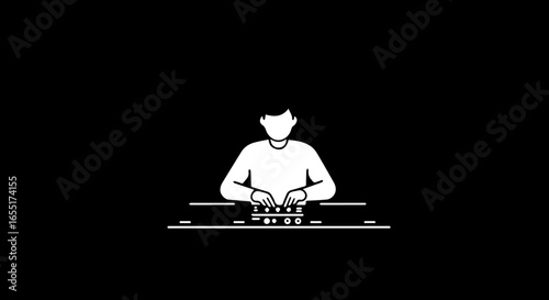 Minimalist white glyph icon of a DJ performing on a sound mixing console.