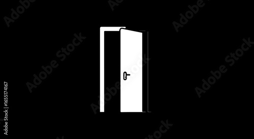 Minimalist white icon of a slightly open door with a handle depicted in a simple graphic style.