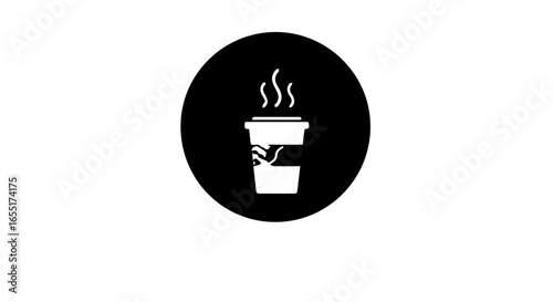 Minimalist white icon of a steaming takeaway coffee cup with a torn sleeve in a black circle.