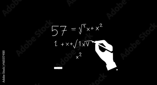Minimalist white illustration of a hand writing a complex mathematical equation on a blackboard.