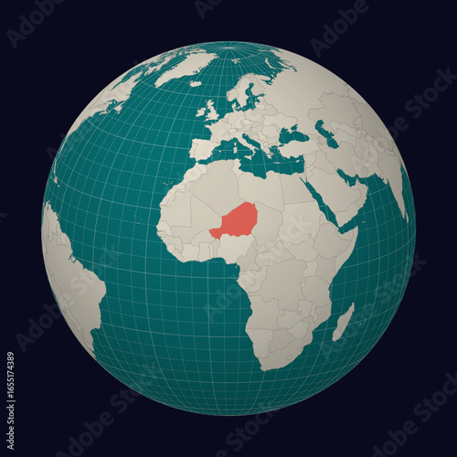 Republic of Niger on the map. Globe centered to Niger. Country location on the world map. Teal Pale Mint color palette. Globe with countries, meridians and parallels. Modern vector illustration.