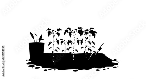 Monochromatic stencil of young seedlings growing in a garden patch with a pot and trowel.