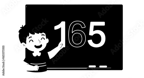 Monochrome cartoon of a happy young student pointing to the number 165 on a blackboard.