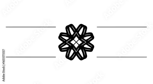 Monochrome geometric floral symbol with eight woven ribbon petals and a diamond center.