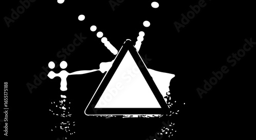 Monochrome graphic illustration of a blank triangular warning sign splashing into a dark abstract liquid.
