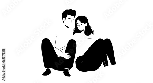 Monochrome graphic illustration of a young couple sitting closely in a tender quiet moment.