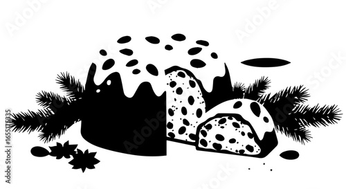 Monochrome graphic of a sliced Christmas pudding with icing fir branches and star anise.