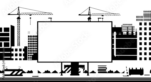 Monochrome graphic of an urban construction site with cranes and a large blank billboard for advertising.
