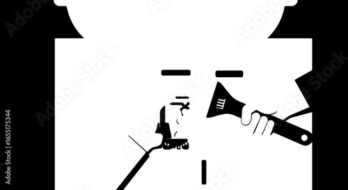 Monochrome graphic of a stylized figure being repaired with a wrench and another tool.