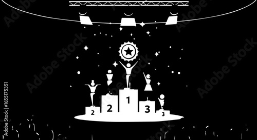 Monochrome graphic of winners celebrating on a podium under spotlights at an awards ceremony.
