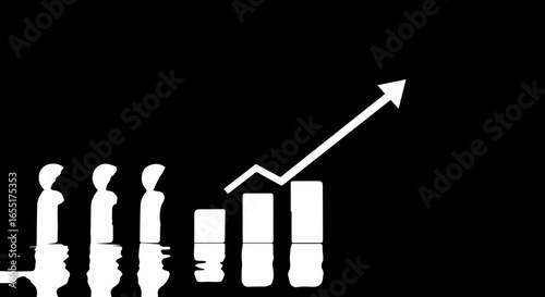 Monochrome graphic of team silhouettes beside a rising bar chart and upward arrow with reflections.