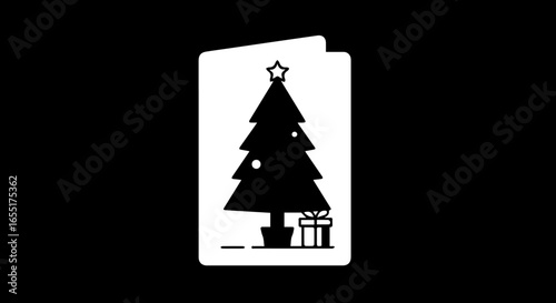 Monochrome greeting card icon with a Christmas tree silhouette star topper and gift box.