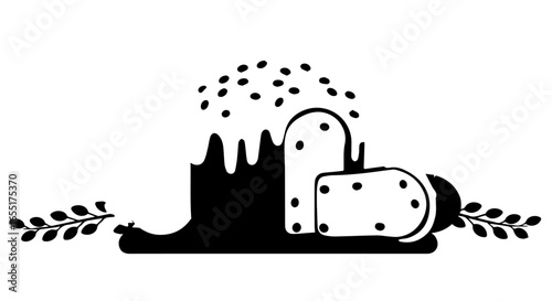 Monochrome graphic silhouette of a traditional Easter cake with dripping icing sprinkles and willow branches.