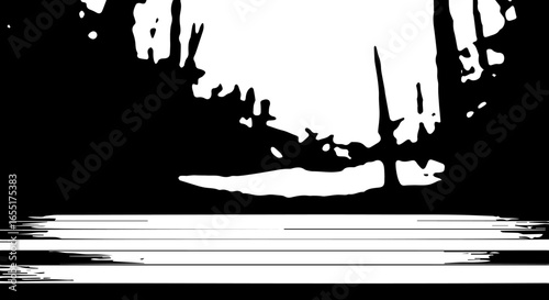 Monochrome Grunge Landscape with Streaky Lines and Silhouette Shapes.