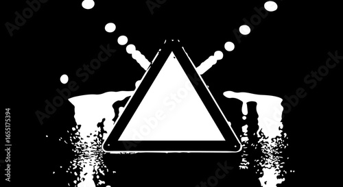 Monochrome grungestyle graphic featuring a blank triangular warning sign with abstract splatters and dots.