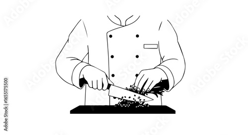 Monochrome line art illustration of a chef in a doublebreasted jacket chopping herbs on a board.