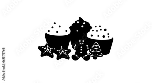 Monochrome silhouette of festive Christmas sweets including gingerbread cookies stars and whipped cream desserts.