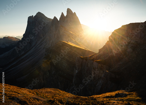 Sunrise in the mountains at Seceda in the Dolomites, Italy.