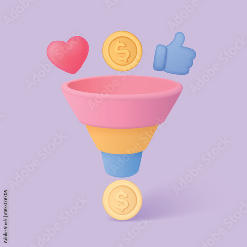 Colorful 3d sales funnel with heart, thumbs up, and dollar coin icons representing marketing conversion and customer engagement process vector illustration