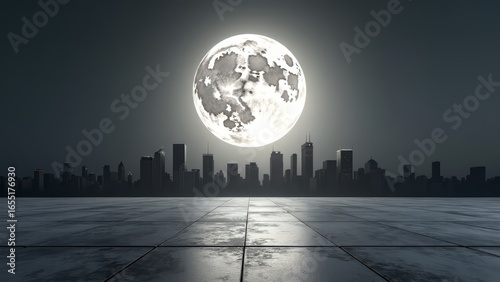 Full moon rising over city skyline