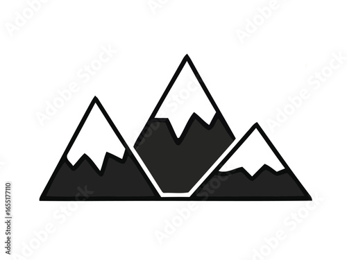 Three Black Mountains Peaks with White Snowy Tops on Isolated Background
